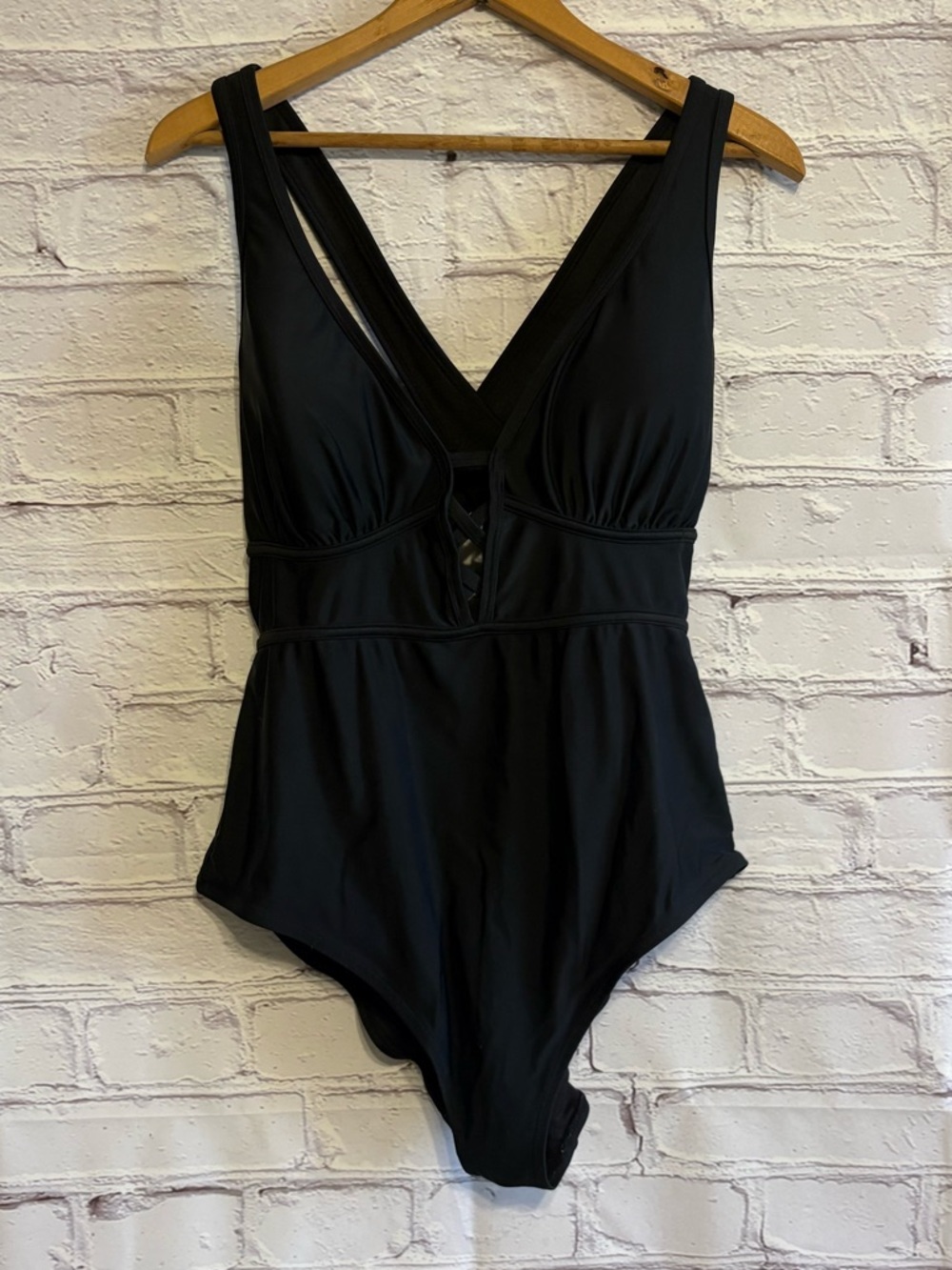Adore Me Black Lace-Up V-Neck One-Piece